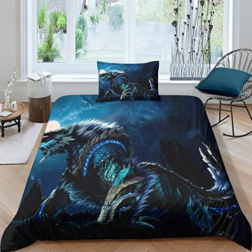 AScdap Monster Hunter 3D Print Betten Set Bettwäsche Set Microfaser Anime Bettbezug Mit Kissenbezug 2 Teilig Für Mädchen Junge Single（135x200cm）