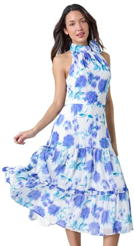 Roman Women Halterneck Midi Dress - Ladies Halter Neckline Maxi Spring Everyday Summer Holiday Sleeveless Soft Tie Waist Detail Keyhole Neck Gown Vacation Frocks White Turquoise