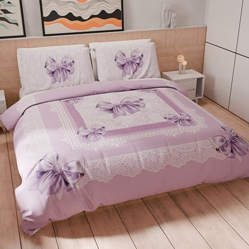 PETTI Artigiani Italiani - Set Copripiumino Matrimoniale 250x200 cm (2 Federe 50x80 cm Incluse), Parure Copripiumino Morbida Microfibra con Stampa Digitale - Made in Italy - Fiocco Lilla