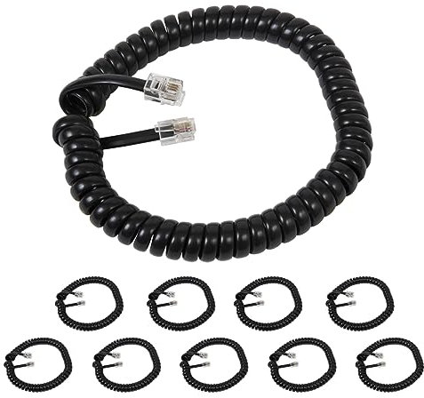 Cablesys Coiled Telephone Handset Cord for Use with PBX Phone Systems, VoIP Telephones - 6 Ft Uncoiled, Rj22, 1.5 Inch Lead on Both Ends, Glossy Black, 10-Pack