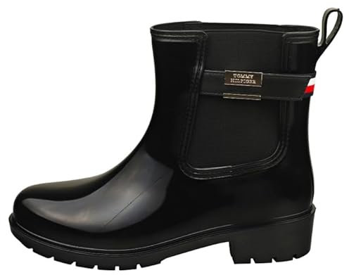 Tommy Hilfiger Donna Stivali in Gomma Flag Belt Rainboot Antiscivolo, Nero (Black), 39