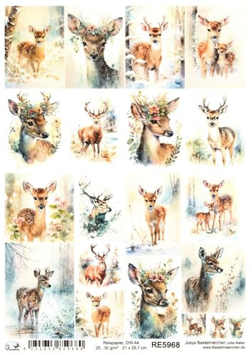 Josys Bastelmärchen Reispapier A4 Strohseide Weihnachten Vintage REH Rehkitz Blumen RE5968