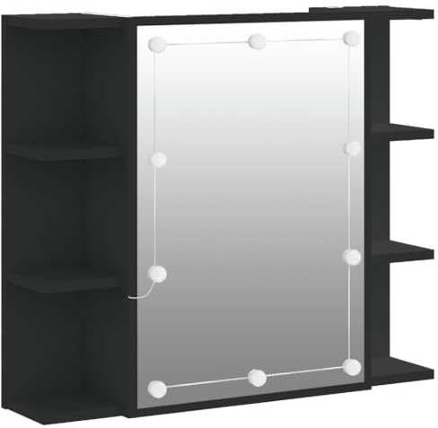 vidaXL Armoire à Miroir avec LED, Placard Mural avec Rangement, Meuble avec Lumière, Organisateur de Salle de Bain Toilette, Moderne, Noir