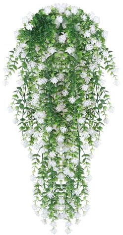 HBell 2Pcs Artificial Hanging Flowers,UV-Resistant Fake Hanging Plants Flower Bouquet Hanging Vine Plants Drooping Plants for Wall Home Garden Yard Patio Wedding Indoor Outdoor Decoration (White)