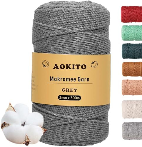 YESLUSY Makramee Garn, 3mm x 300m Premium Baumwolle Makramee Garn für DIY Handwerk, Hängepflanze, Boho Deko, Blumenampel, Pflanzenbügel (Grau)