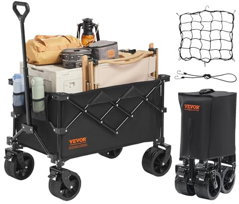 VEVOR Carrello Pieghevole in Tessuto Oxford 600D con 4 Ruote Carico 120 kg ca., Carrello Portaoggetti Colore Nero 890 x 540 x 1080 mm da Giardino Spiaggia Pesca Campeggio, Carrello da Spiaggia 150 L