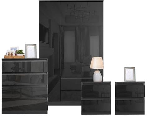 Blisswood High Gloss 4 Piece Bedroom Set With 3 Door Wardrobe & 4 Drawer Chest of Drawer + 2 Drawer 2 Bedside Table Cabinet Bedroom Furniture Set for Bedroom Storage furniture (Black)