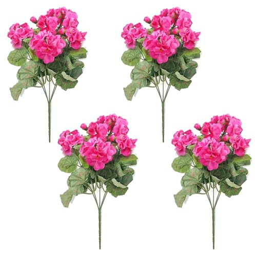 KEFSR 4 Pcs Artificial Geraniums with Leaves, 13.8 Inch Artistic Silk Geraniums on Stems, Faux 5 Forks Geraniums Floral Arrangements, for Vase Outdoor,Indoor, Home,Party Decor (rose Red)