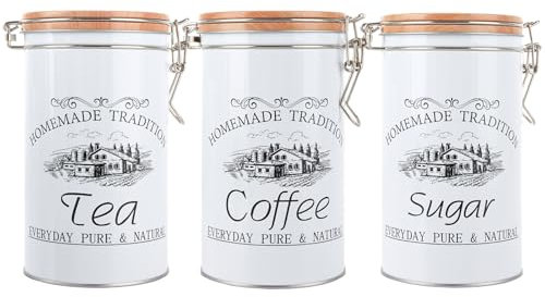 LOLYSIC Lot de 3 boîtes de rangement en métal blanc de 1000 ml avec couvercle hermétique pour thé, café, sucre, céréales, biscuits, bonbons, 17 x 10 cm