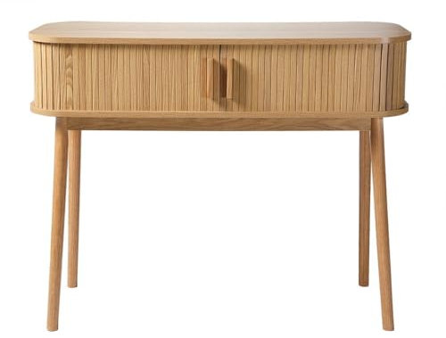 Calicosy - Console 2 Portes Coulissantes - Façade Rainurée - Décors Chêne - Panneaux De Particules - Pieds en Pin - Poignées en Bois - Entrée, Couloir, Salon - Style Naturel - L 100 x P 35 x H 80 cm