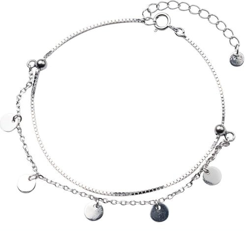NicoWerk Damen Silber Fußkette Schlicht aus 925 Sterling Silber Schmal Glänzend Rund Plättchen Kreisförmig Glatt Filigran Anhänger Edel SFK130