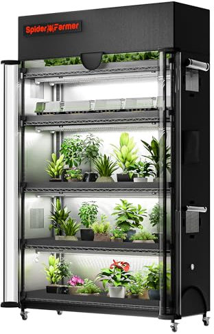 Spider Farmer Pflanzenständer 6 Etagen Einstellbar mit 10 Stück 220w Vollspektrum Led Pflanzenlampe und Growzelt Komplettset Gwächshaus Regal Klein Indoor Outdoor Balkon Metall Schwarz 110x40x180CM