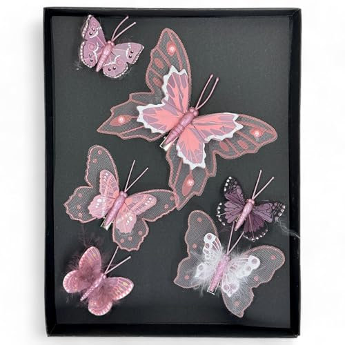MIJOMA Deko-Schmetterlinge mit Clip, farbenfrohe Schmetterlinge für Festliche Dekoration, vielseitig einsetzbar für Floristik, Hochzeit, Weihnachten und Bastelarbeiten (Rosa, 6 Stück)
