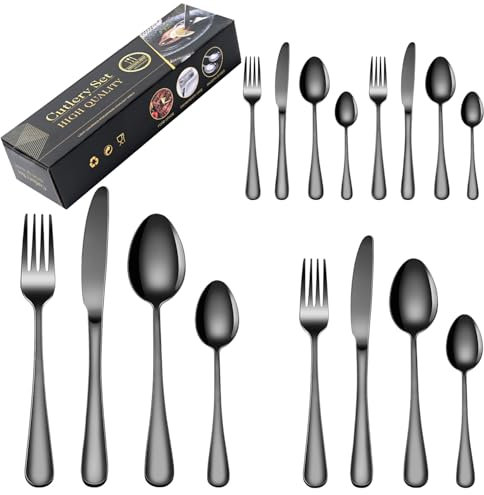 Black Silverware Cutlery Set 16Pieces, Premium Stainless Steel Flatware Set, Kitchen Utensils Tableware Set Including Knife/Fork/Spoon Service for 4, Mirror Polished,Dishwasher Safe (Black/16Pieces)
