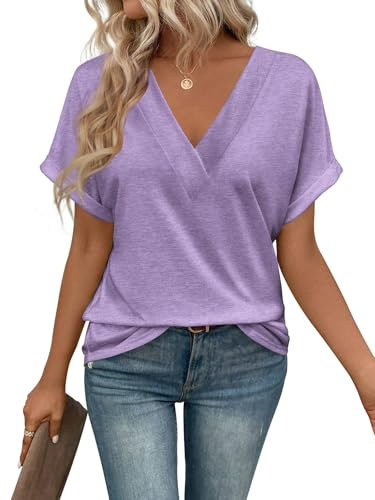 Cuptacc Magliette Donna Manica Corta Scollo a V Top Donna Estive Allentata Tinta Unita Basic Tee Viola, Large L 42-44