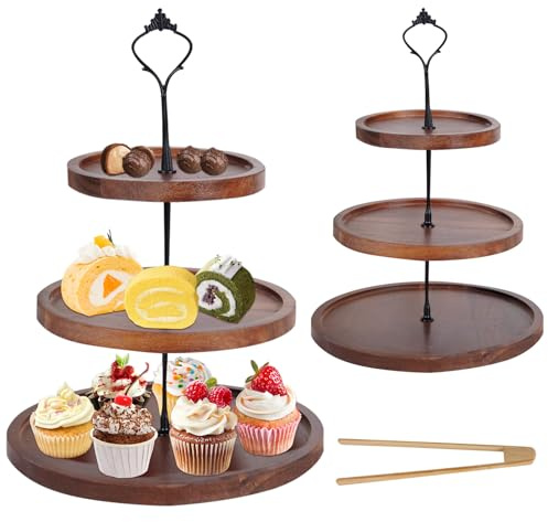 QUMENEY Cupcake-Ständer aus Holz mit 3 Etagen Cup Cake-Ständer Halter für süße Leckereien Desserts mit Metallgriff Nachmittagstee Hochzeit Geburtstagsparty Küchendekor