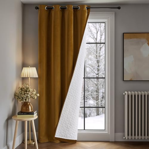 MIULEE Velvet Thermal Door Curtain Brown Double Layer Quilted Blackout | Insulated Draft Blocker Heavy Duty Winter Thermal Lined Curtain for Front Door, Doorway, Living Room Indoor Privacy Divider