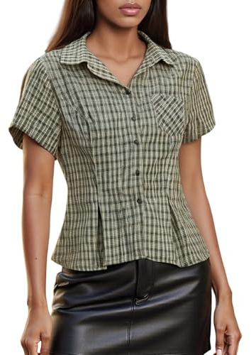 SYHVGI Women Y2k Short Sleeve Button up Plaid Shirt Coquette Summer Tops Retro Gingham Blouse Slim Fit Crop Top