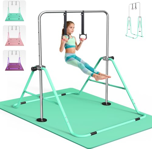 FBSPORT Gymnastikstange mit Matte für Kinder, faltbar, höhenverstellbar, horizontale Stange, Gymnastik-Trainingsgerät für Zuhause, Fitnessstudio, Innen- und Außenbereich, unterstützt 63,5 kg