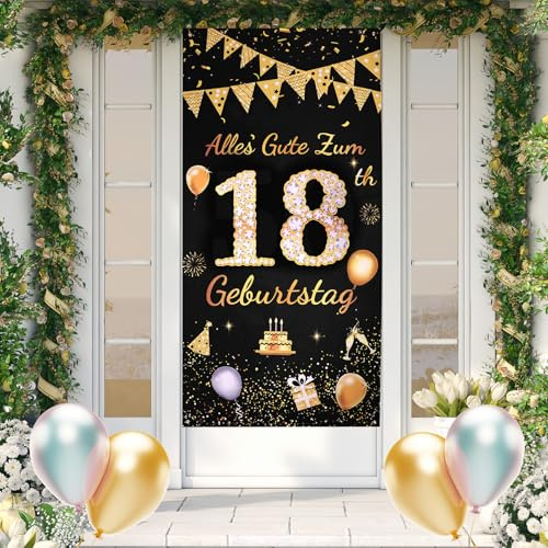 ANOMM 18.Geburtstag Banner Schwarzes-Gold, Happy Birthday Banner | 18.Geburtstag Dekoration für Drinnen und Draußen, Vertikal Extra Groß Party Geburtstagsdeko Hintergrund