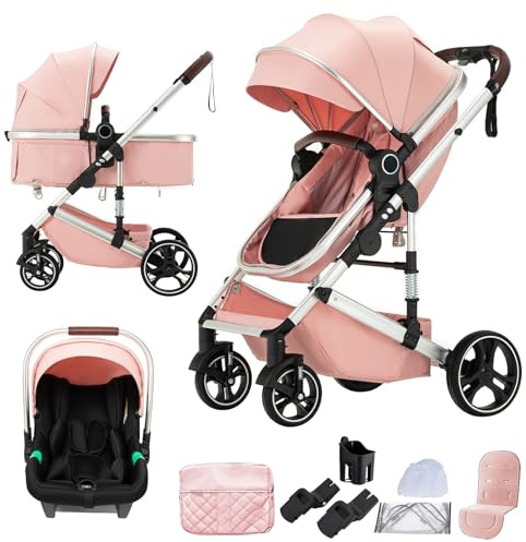 Shineey Poussette Combinée 3 en 1,Poussettes Citadines Avec Siège,Poussette 3 en 1 avec Poignée Réglable en Hauteur,poussette trio Paysage Haut Cadre en Aluminium (H9 PINK, H9)