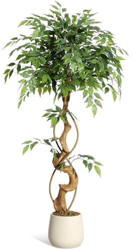 GarveeMore Plantas Artificials Decorativas Ficus 120cm, Tronco Curvo Elegante, Arbol Artificial Interior Hiperrealista para Interior, Hogar, Oficina, Casa, Dormitorio, Verde