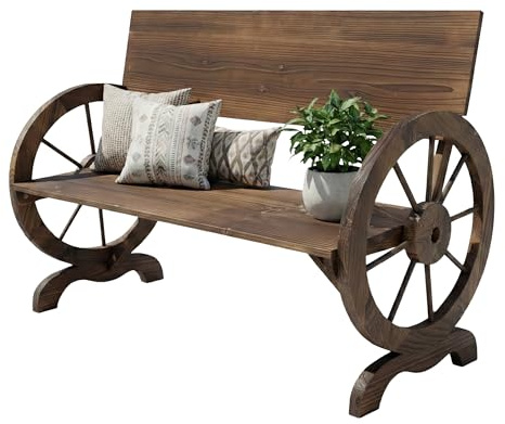 Relaxdays Gartenbank Wagenrad, rustikales Design, HBT: 80x114x58 cm, 2 Sitzer, Holzbank mit Lehne, Outdoorbank, braun