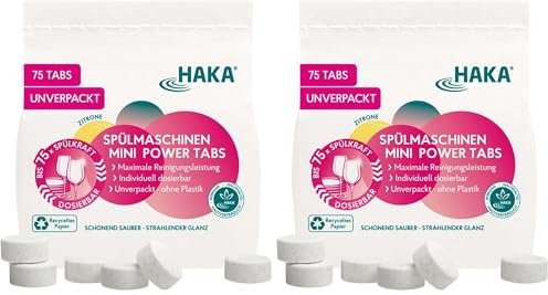 HAKA Spülmaschinen Mini Tabs, 75 Stück, Geschirrspültabs für kraftvolle Reinigung, für strahlendes Geschirr und Besteck, Fettlösekraft, umweltfreundlich (Packung mit 2)