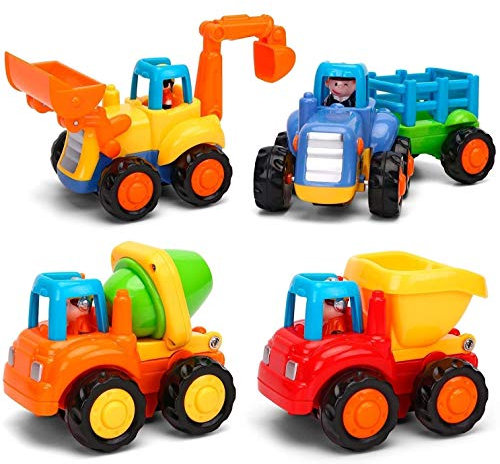 MOONTOY Baby Spielzeugauto Bagger Konstruktionsfahrzeuge Baufahrzeuge 4 in einem Set für Kinder, Traktor, Bulldozer, Kipper & Zementmischer