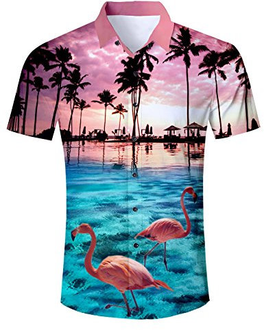 AIDEAONE Herren Flamingo Urlaub Hemd Strandkleidung Kurzarm Regular Fit Hemd Rosa