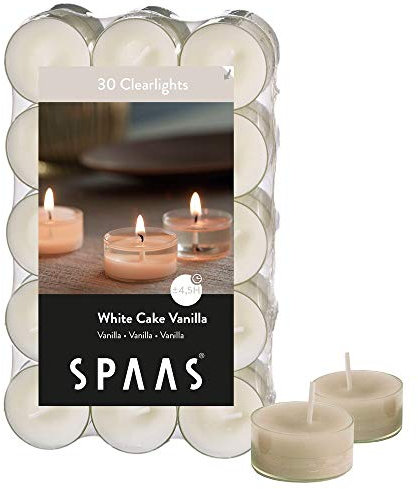 Spaas 30 Scented Clearlights, Tealights in Transparent Clear Cup, ± 4.5 Hours, White Cake Vanilla