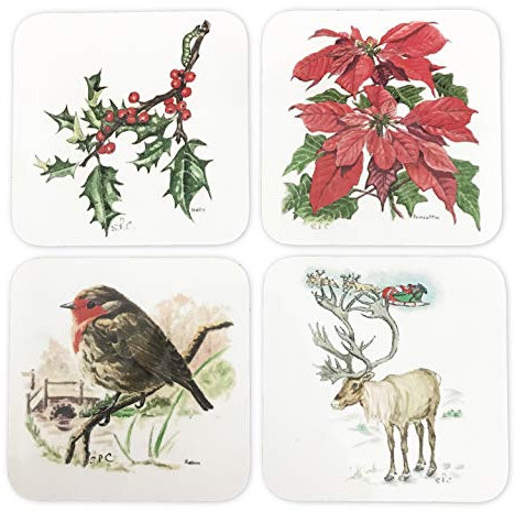Posavasos de Navidad – Juego de 4 pintados por el artista Pat Comer Art Set de regalo taza café té