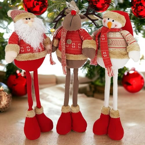 My-goodbuy24 Handgemachte Weihnachtsfiguren stehend mit Langen Beine - 56cm - Wichtel Santa Elch Schneemann - Weihnachts Deko für Home Schaufenster Kinder Geburtstag Weihnachten (Rot - 3er Set)