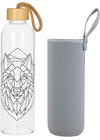 Glasflasche 1 Liter Bamboo Trinkflasche Borosilikatglas mit Neoprentasche zum Mitnehmen von kalt & heiß Getränken BPA-frei für unterwegs Sportflasche Glas Wasserflasche(Wolf)
