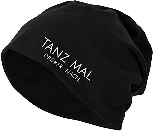 OwnDesigner Premium Beanie mit Aufdruck Tanz mal drüber nach Spruch für Herren Mütze Damen warm modernes Design weich