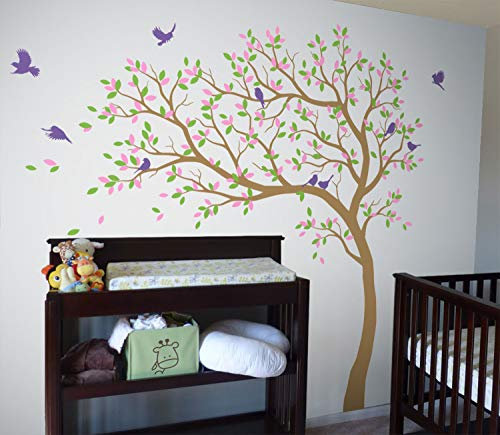 Großer Baum Wandaufkleber Kinderzimmer Wand Baum Aufkleber mit Vögeln Baum Wandsticker Wandtattoo Vinyl Wanddekor KW032 (Äste nach links, Hellbraun, Lindgrün, Hellrosa, Lavendel)