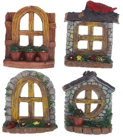 4 Pz Micro Ornamento Paesaggistico Finestra di Casa in Miniatura Modello di Arte Dell'albero del Giardino Scultura Albero Fai da Te Porta Fatata Resina Sintetica Suite