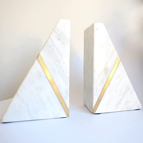 Marmor Buchstützen Handarbeit Schwerer Marmor Dreieckiges Bücherregal Dekor Messing Inlay Set von 2 Dekorative Buchstützen Buchstopper mit rutschfester Unterseite Solide Home Küche Büro Regale Dreieck