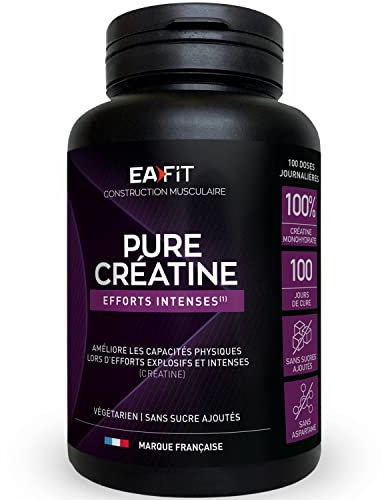 EAFIT - Pure Créatine - Améliore les Capacités Physiques - 3g de Creatine Monohydrate par Shaker - Efforts Intenses, Prise de Muscle - Anti-Dopage, Sans Sucre & Sans Aspartame - 300g Poudre