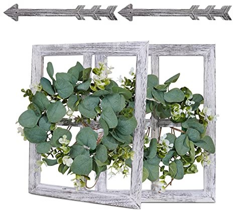 WAKOSAN Rustic Wood Window Frame Wall Decor with Wreath & Arrows, Set of 2