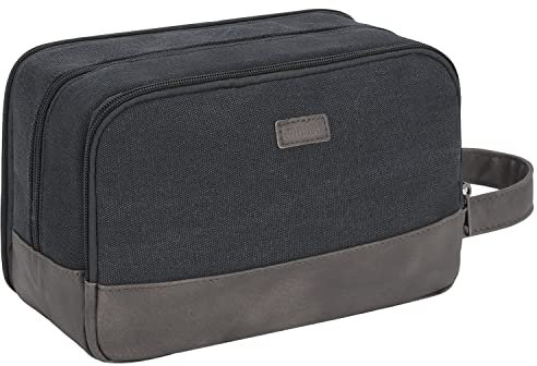 WANDF Travel Toiletry Bag for Men Hanging Dopp Kit Canvas Toiletry Organizer Water-Resistant Vegan Leather Shaving Bag for Toiletries Accessories (Black)