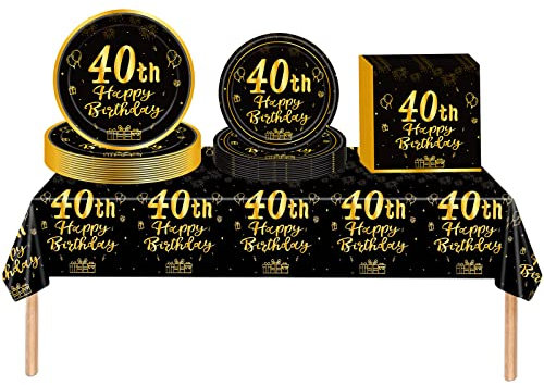 53Pcs Black Gold Happy 40th Birthday Party Tableware Plastic Table Cloth,7,9inch Paper Plates,Napkins for Man Birthday Table Decorations Disposable Party Tableware Set for Him Men Birthday Party