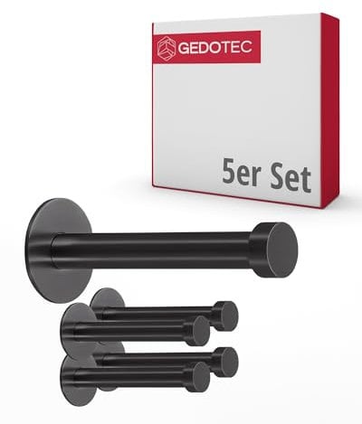 Gedotec Garderoben-Haken | UP | Aufhänger Tiefe: 72 mm | 5 Stück | schwarz Kleiderhaken Edelstahl | Wand-Garderobe zum Schrauben | Mantelhaken Vintage | Design Wandhaken mit Befestigungsmaterial