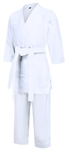 L SERVER Judoanzug Kinder mit Gürtel Jungen Bequemer Professioneller Karateanzug Mädchen V-Ausschnitt Taekwondo Anzug, Weißer Gürtel, 140