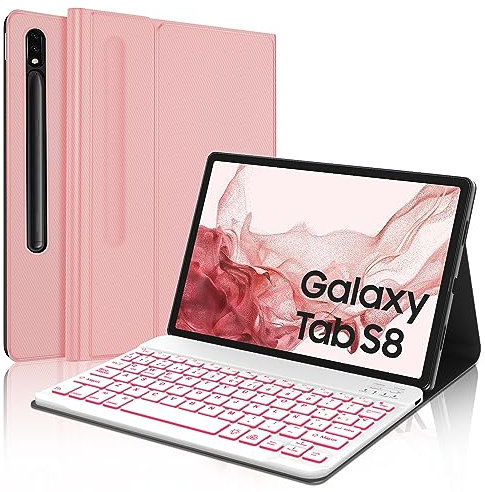 IVEOPPE Funda Teclado Samsung Tab S8/S7 11 - Bluetooth Retroiluminado Con Ñ Para Galaxy Tab S8 2022/S7 2020 (SM-T870/T875/T878/X700/X706), Rosa