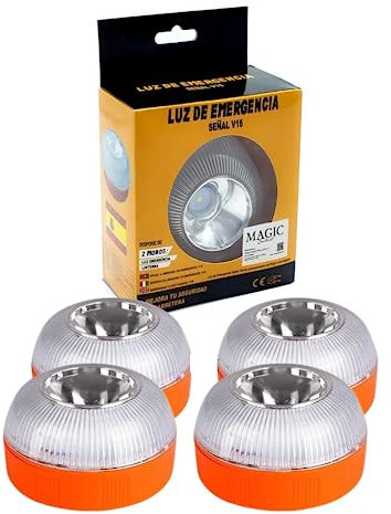 MAGIC SELECT 4X Luz de Emergencia V16 para Señalización en Carretera de Coche y Moto. Luz Amarilla Intermitente y Blanca Fija con Encendido Automático, Base Imantada y Batería Recargable.