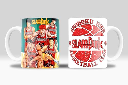 Taza Slam Dunk Merch - Regalo para fans de la serie Slam Dunk Anime (Hanamichi Sakuragi, Kaede Rukawa, Takenori Akagi) | Cerámica 350ml (Slam Dunk Logo Rojo)