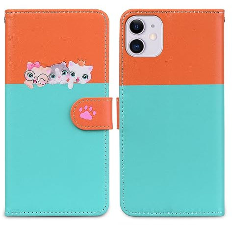 Nbziyoo Phone Case for iPhone 11,Cartoon Cats/Dogs Patterns Flip Wallet Case with Card Slots, Premium Magnetic PU Leather Cover Case for iPhone 11, Light Green