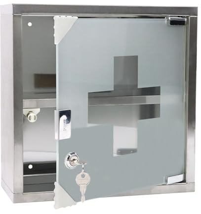 UISEBRT Medizinschrank aus Edelstahl 30 x 12 x 30cm, 2 Fächer Abschließbar Arzneischrank mit Glastür, Erste Hilfe Schrank inkl. 2 Schlüsseln, Medikamentenschrank Apothekerschrank Silber