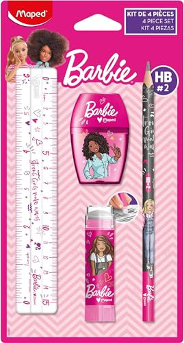 Maped - Set di cancelleria Barbie 4 pezzi - 1 righello trasparente 15 cm + 1 temperino 1 foro + 1 gomma tubo protetto + 1 matita carta HB - Licenza Barbie ufficiale